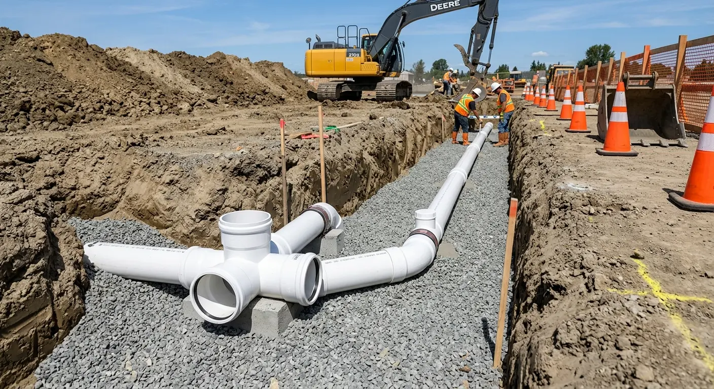 New PVC sewer pipe installation in open trench for Sewer Backup in Newark